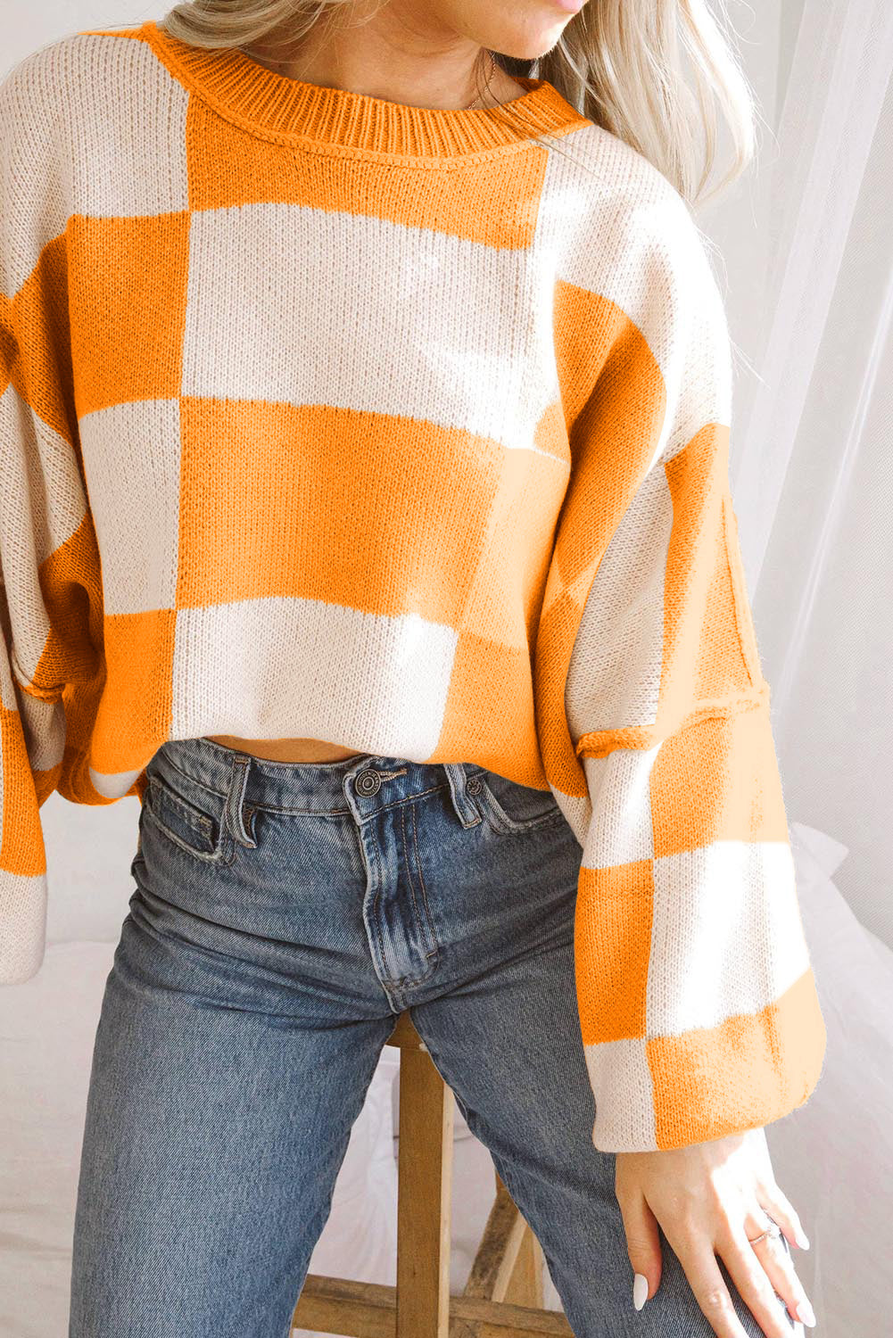 Stacey B's Orange Checkered Bishop Sleeve Sweater