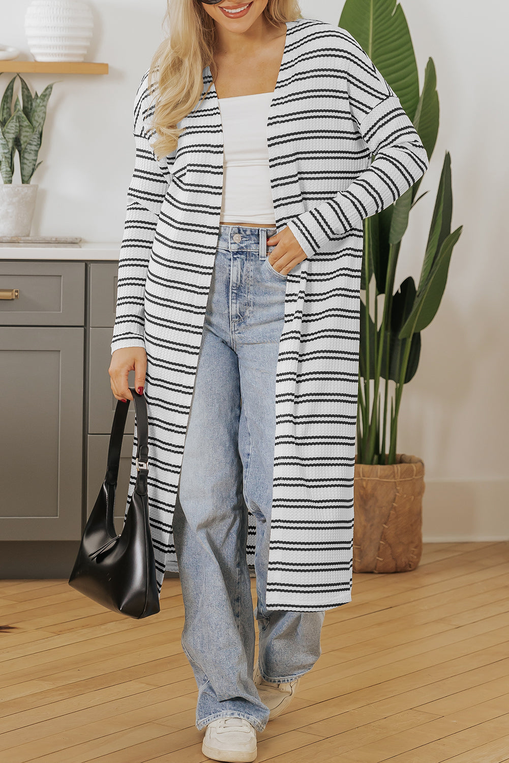 Stacey B's Black Stripe Print Open Front Duster Cardigan