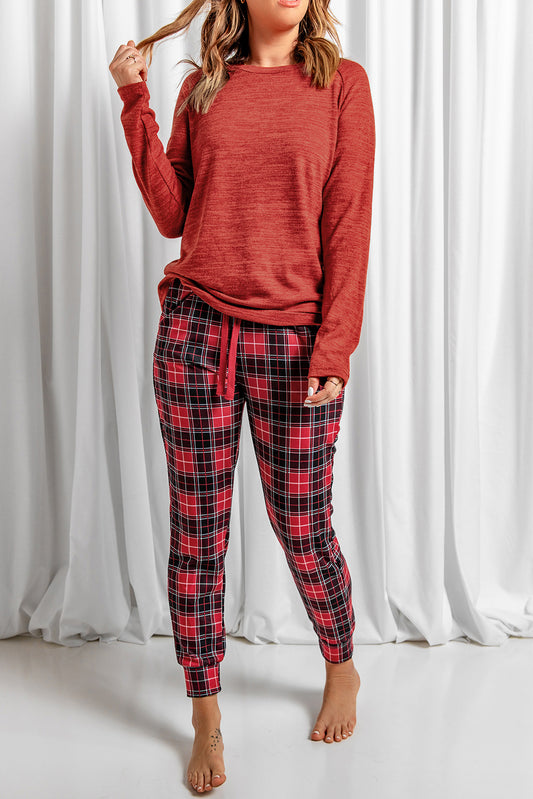 Stacey B's Round Neck Top and Drawstring Plaid Pants Lounge Set