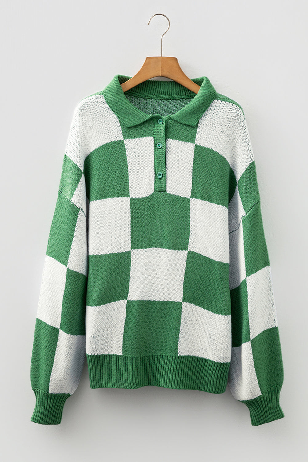 Stacey B's Mist Green Checkered Pattern Polo Collar Loose Sweater