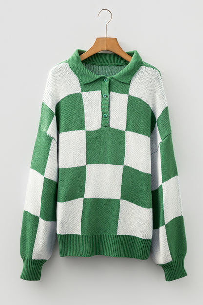 Stacey B's Mist Green Checkered Pattern Polo Collar Loose Sweater
