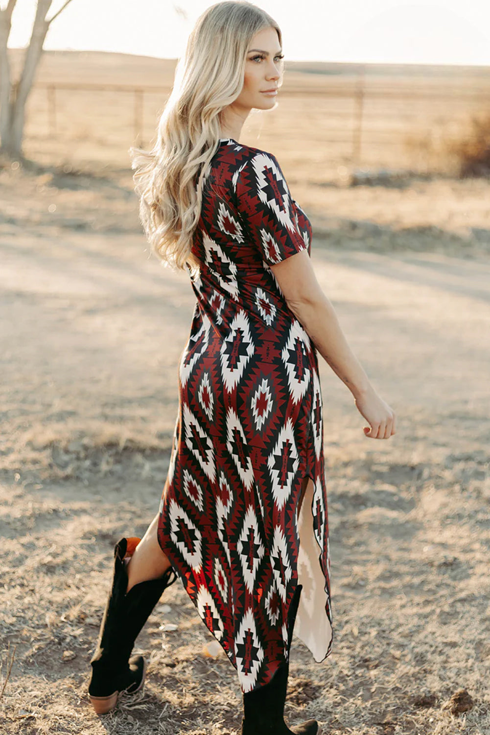 Stacey B's Red Western Aztec Printed Long T-shirt Dress