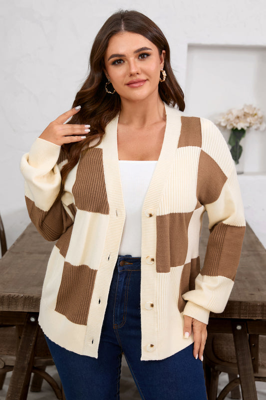 Stacey B's Khaki Checkered Ribbed Texture Knit Plus Size Cardigan Sweater