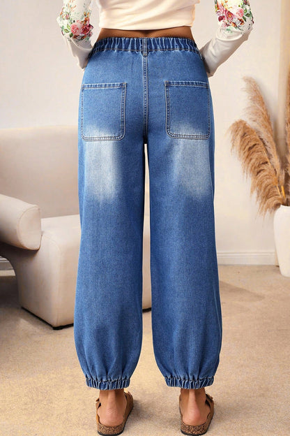 Stacey B's Blue 4 Buttons Front Tapered Casual Loose Fit Jeans