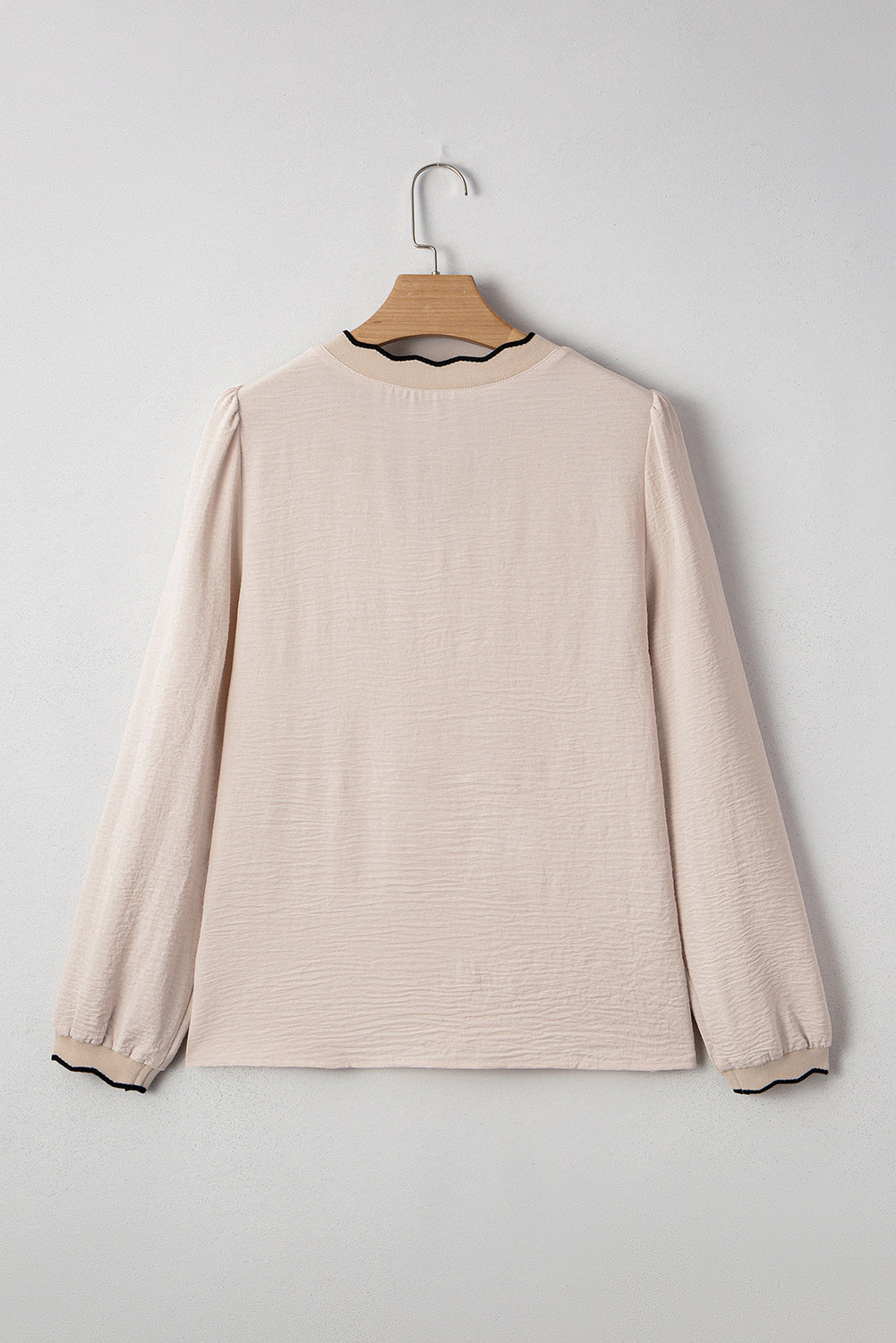 Stacey B's Jet Stream Contrast Scallop Trim V Neck Long Sleeve Top