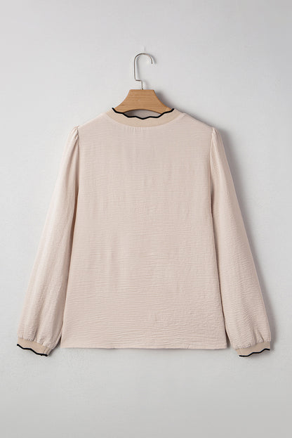 Stacey B's Jet Stream Contrast Scallop Trim V Neck Long Sleeve Top