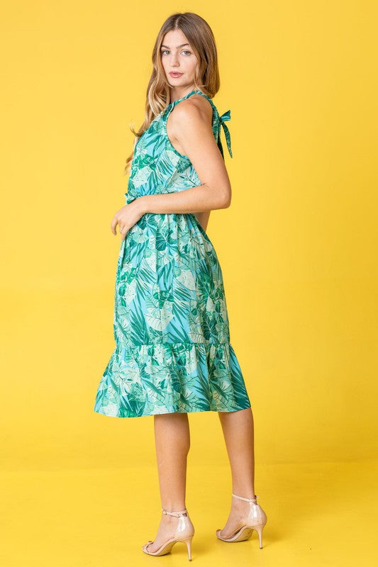 Stacey B's Plus Halter Neck Tropical Sash Dress