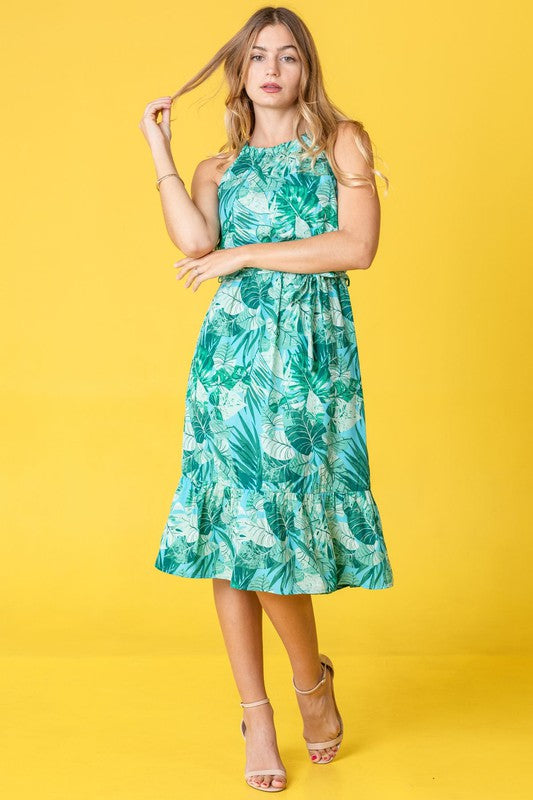 Stacey B's Plus Halter Neck Tropical Sash Dress