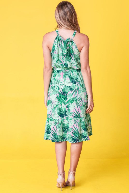 Stacey B's Plus Halter Neck Tropical Sash Dress