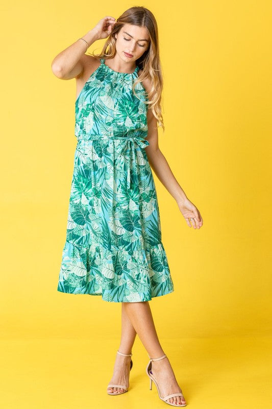 Stacey B's Plus Halter Neck Tropical Sash Dress