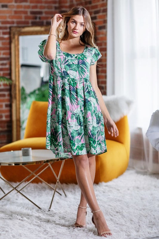 Stacey B's Plus Tropical Flutter Sleeve Tiered Midi Dress