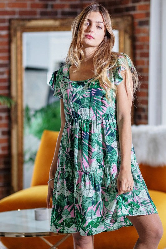 Stacey B's Plus Tropical Flutter Sleeve Tiered Midi Dress