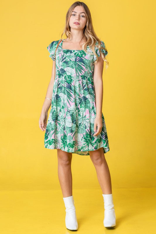 Stacey B's Plus Tropical Flutter Sleeve Tiered Midi Dress