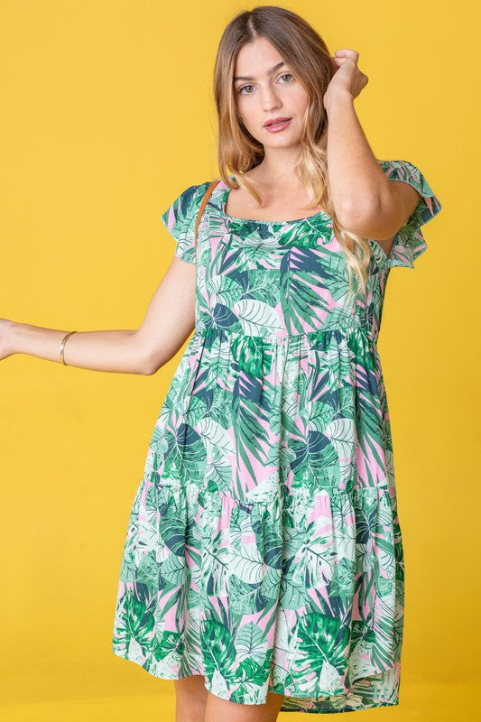 Stacey B's Plus Tropical Flutter Sleeve Tiered Midi Dress