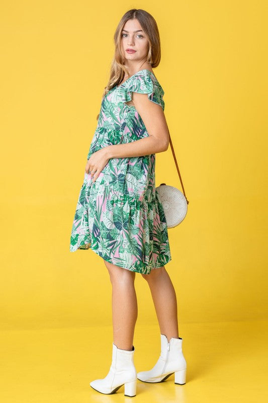 Stacey B's Plus Tropical Flutter Sleeve Tiered Midi Dress