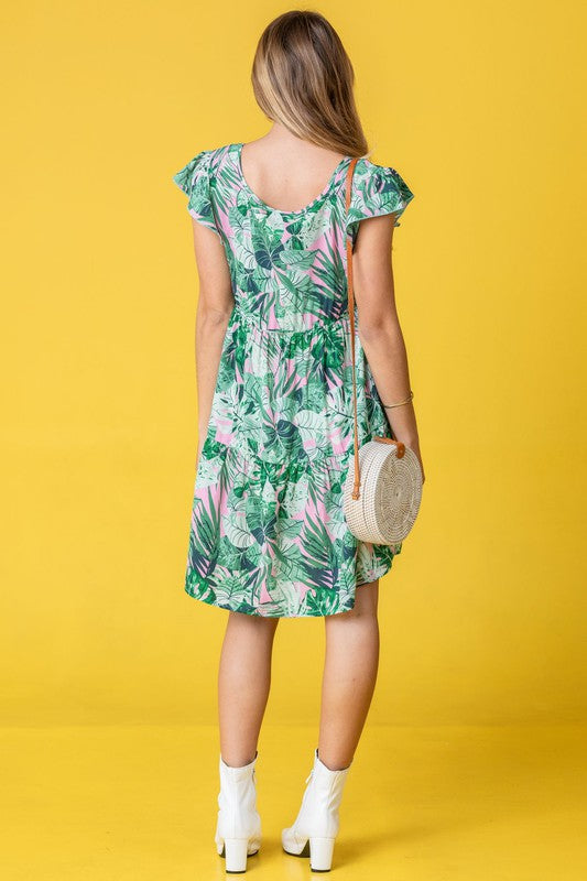 Stacey B's Plus Tropical Flutter Sleeve Tiered Midi Dress