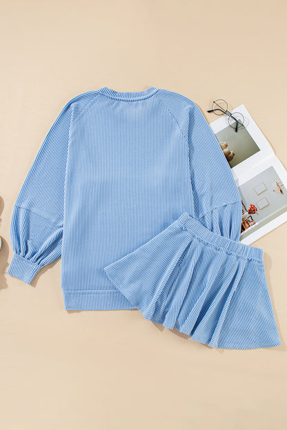 Stacey B's Jet Stream Corded Lantern Sleeve Pullover and Ruffle Mini Skirt Set