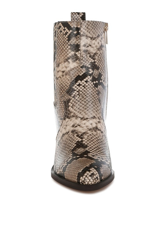 Stacey B's Cornus Snake Print Ankle Boots