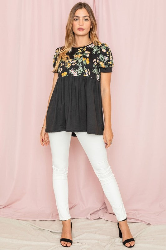 Stacey B's Plus Baby Doll Floral Puff Sleeve Tunic