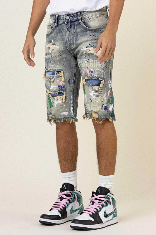 Stacey B's Hand Paint & Logo Print Rip 7 Repair Denim Shorts