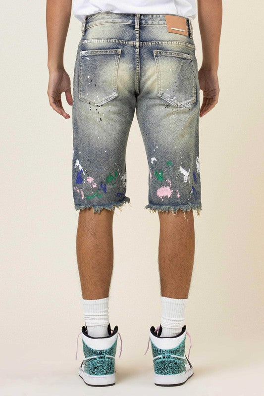 Stacey B's Hand Paint & Logo Print Rip 7 Repair Denim Shorts