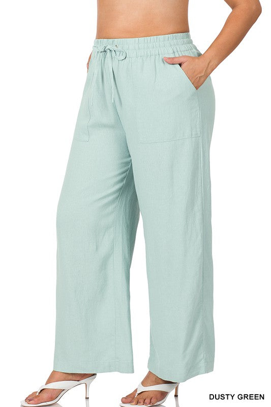 Stacey B's Plus Linen Drawstring-Waist Pants with Pockets