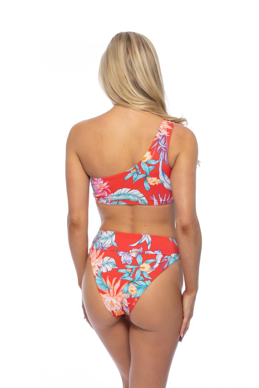 Stacey B's Red Tropical Ring Accent one Shoulder Bikini Set