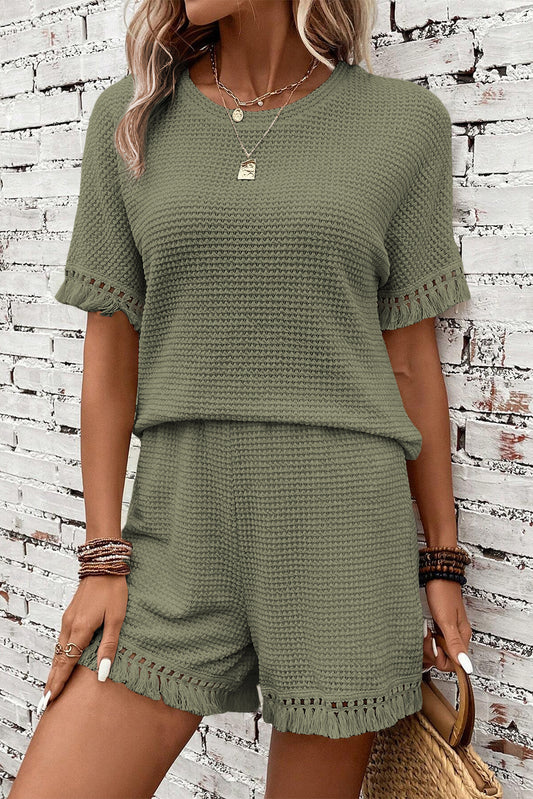Stacey B's Beige Fringe Trim Waffle Knit Textured Shorts Set