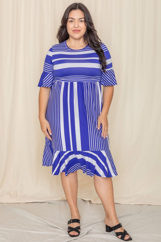 Stacey B's Plus Mix Stripe Ruffle Midi Dress