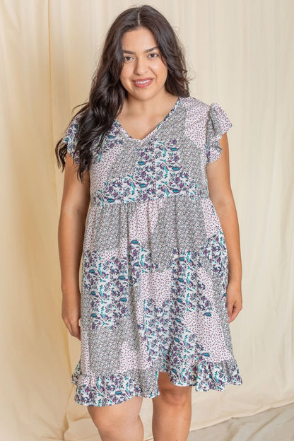 Stacey B's Plus Mix Floral  Flutter Sleeve Mini Dress
