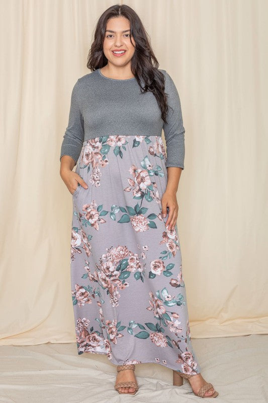 Stacey B's Plus Quarter Sleeve Floral Maxi Dress