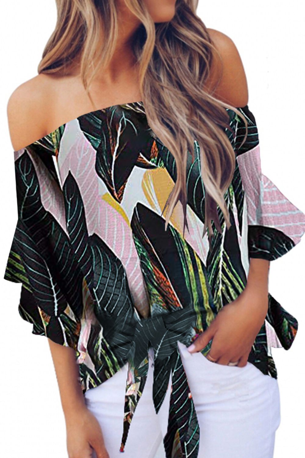 Stacey B's Tied Printed Off-Shoulder Half Sleeve Blouse