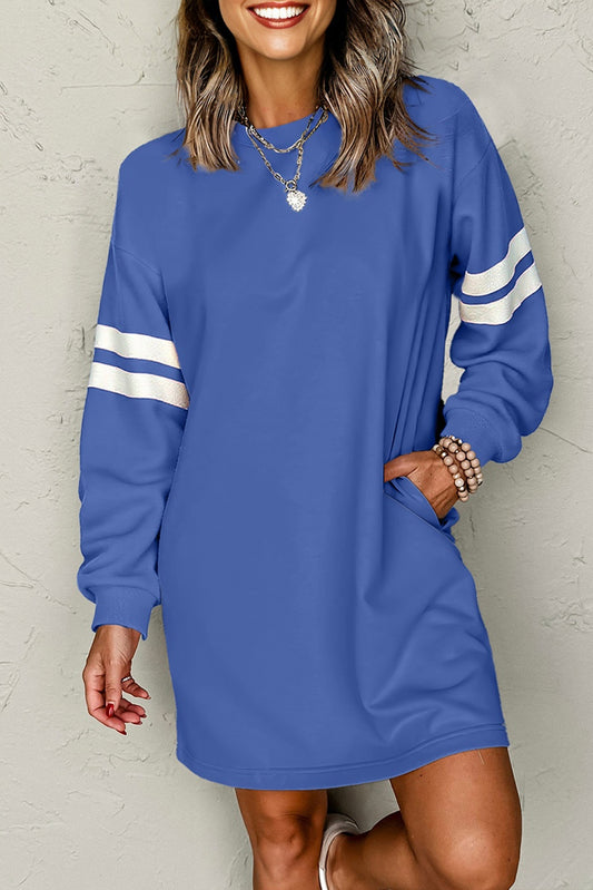 Stacey B's Sky Blue Varsity Contrast Banded Sleeve Shift Sweatshirt Dress