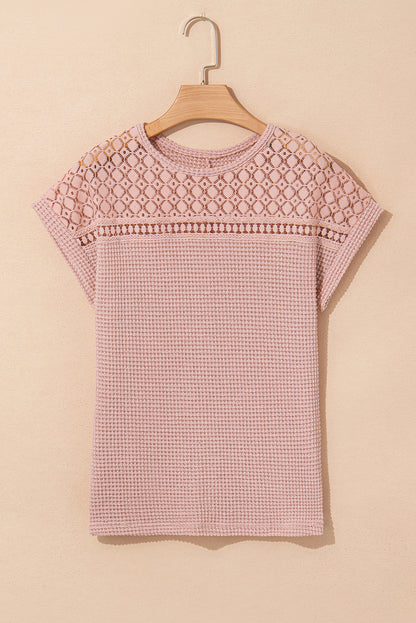 Stacey B's Light Pink Lace Patchwork Waffle Short Sleeve Top