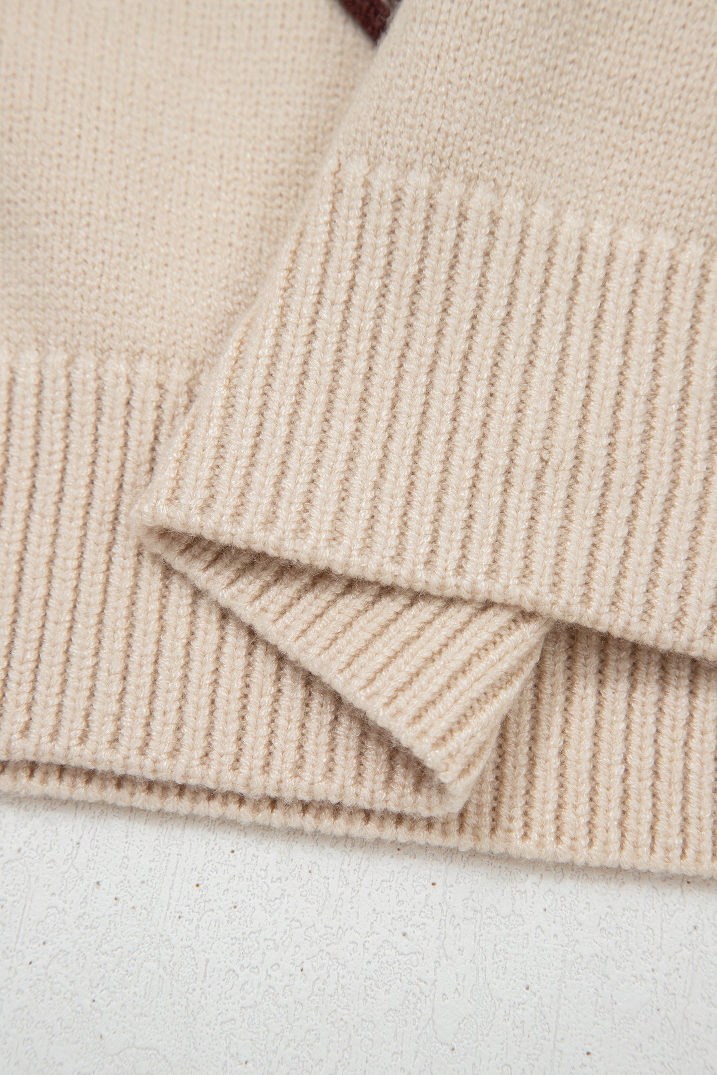 Stacey B's Parchment Corded Horseshoes Ribbed Trim Mock Neck Short Sleeve Sweater