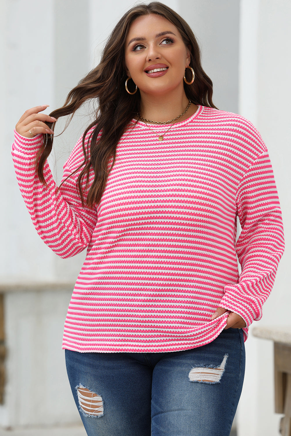 Stacey  B's Rose Stripe Round Neck Drop Shoulder Long Sleeve Top