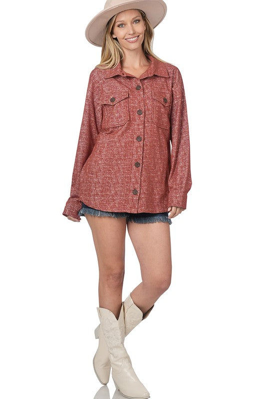 Stacey B's Melange Knit Long Sleeve Shacket With Pockets