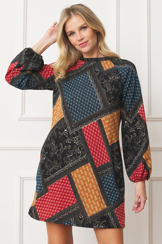 Stacey B's Bishop Sleeve Multi Patch Pattern Mini Dress