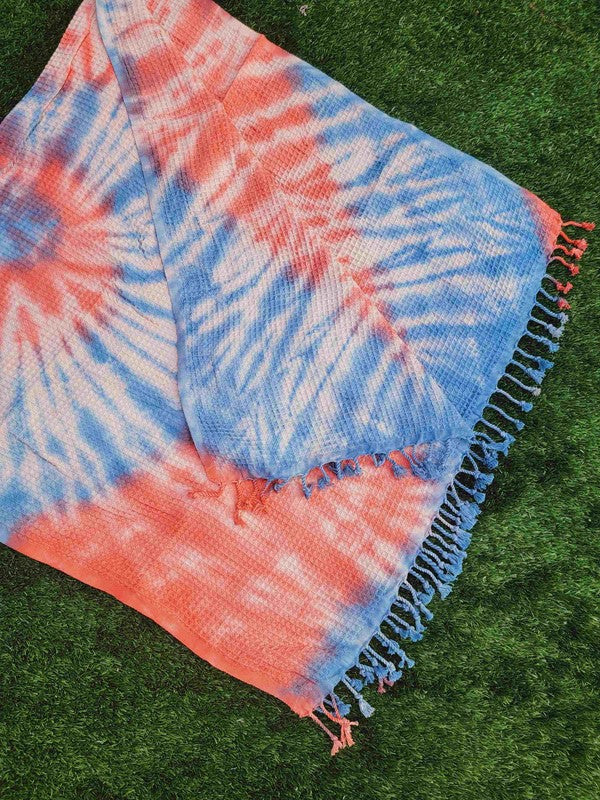 Stacey B's Waffle Towel,Throw Lightweight -Navy Coral Tie Dye