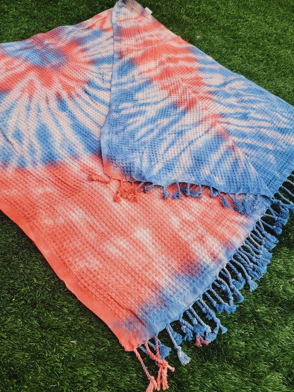 Stacey B's Waffle Towel,Throw Lightweight -Navy Coral Tie Dye