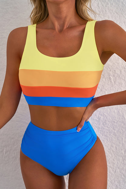 Stacey B's Blue Colorblock Square Neck Top Pleated High Waisted Bikini