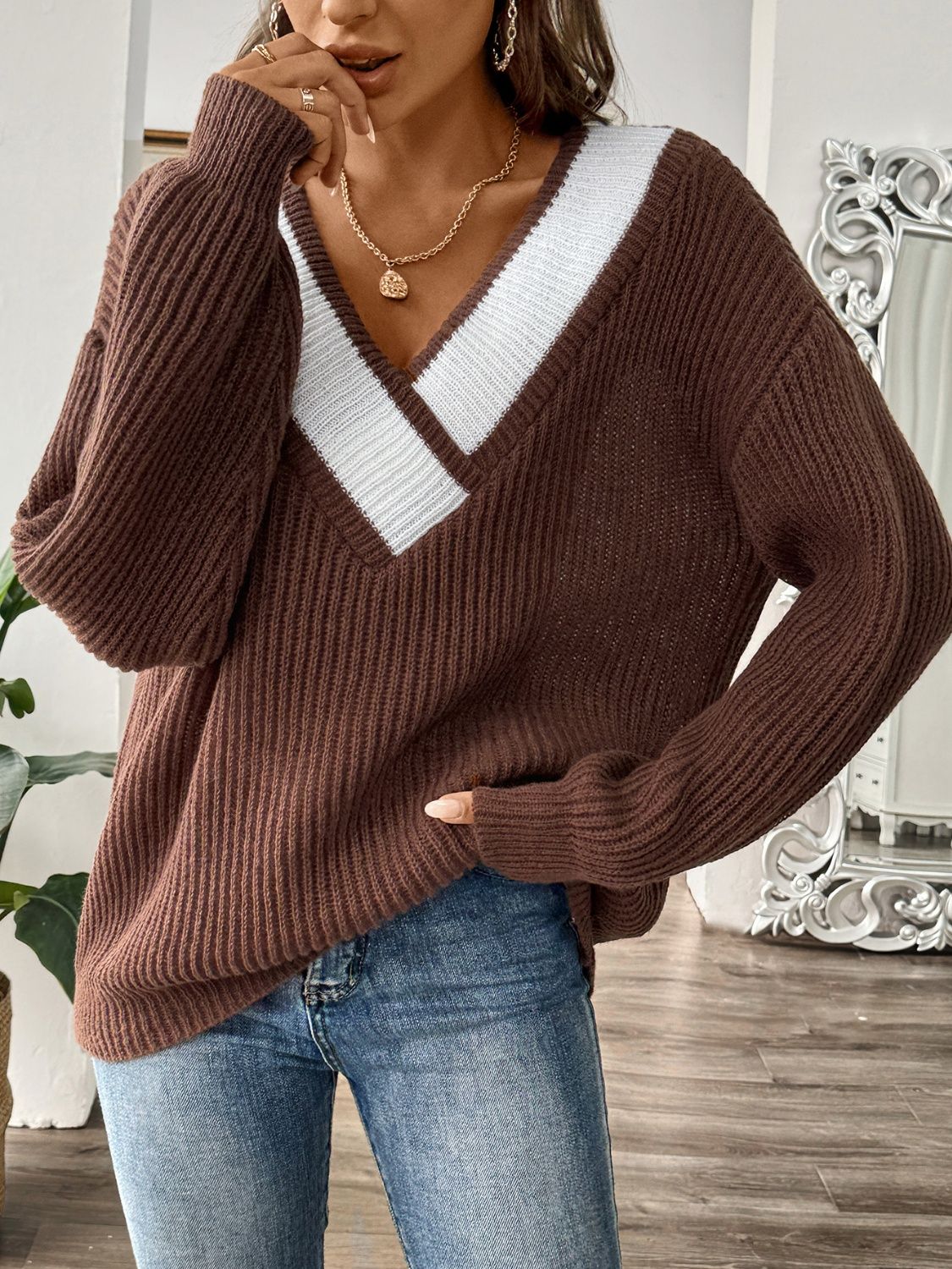 Stacey B's Contrast Dropped Shoulder Long Sleeve Sweater