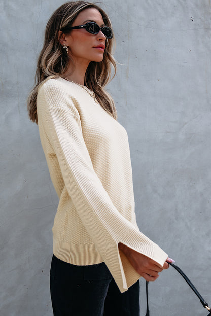 Stacey B's Parchment Solid Textured Knit Split Cuff Drop Shoulder Loose Sweater
