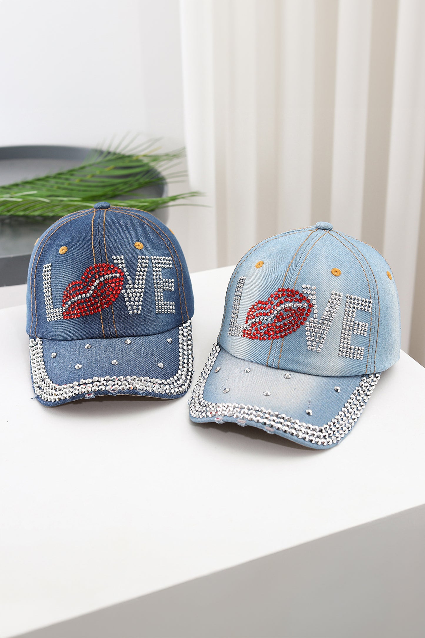 Stacey B's Ashleigh Blue Rhinestone Embellished LOVE Lip Denim Baseball Cap
