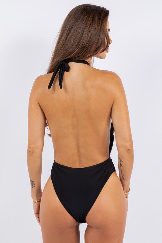 Stacey B's One Piece Bathing Suit Deep Open with Belt