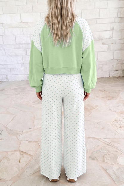 Stacey B's Green Polka Dot Patchwork Colorblock Long Sleeve Casual Two Piece Pants Set