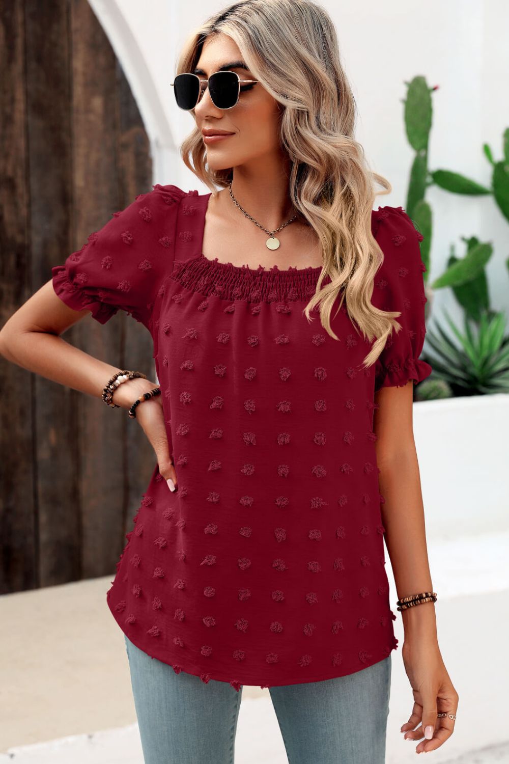 Stacey B's Swiss Dot Puff Sleeve Square Neck Blouse