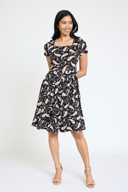 Stacey  B's Paisley Short Sleeve Pleated Midi Dress