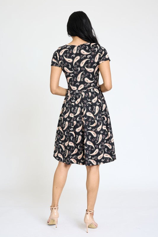 Stacey B's Paisley Short Sleeve Pleated Midi Dress