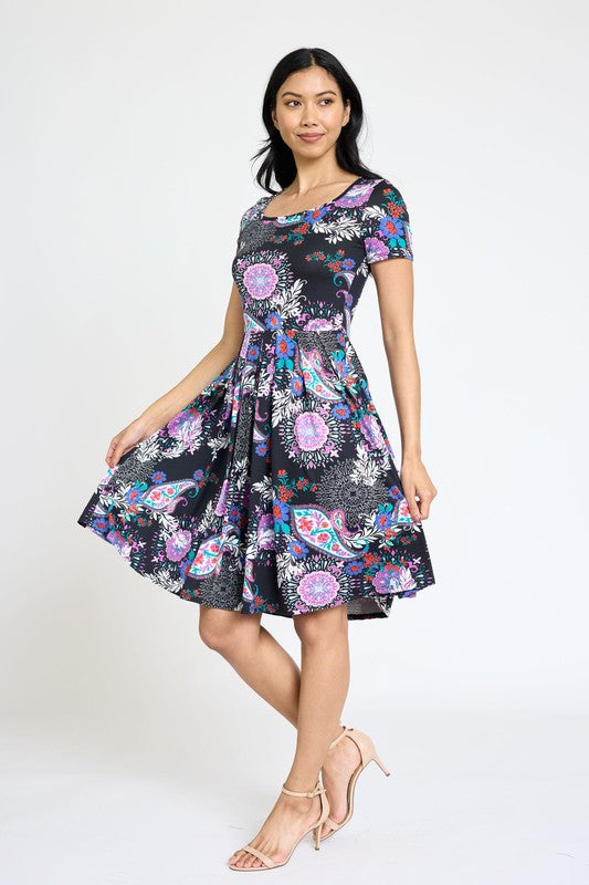 Stacey  B's Paisley Short Sleeve Pleated Midi Dress